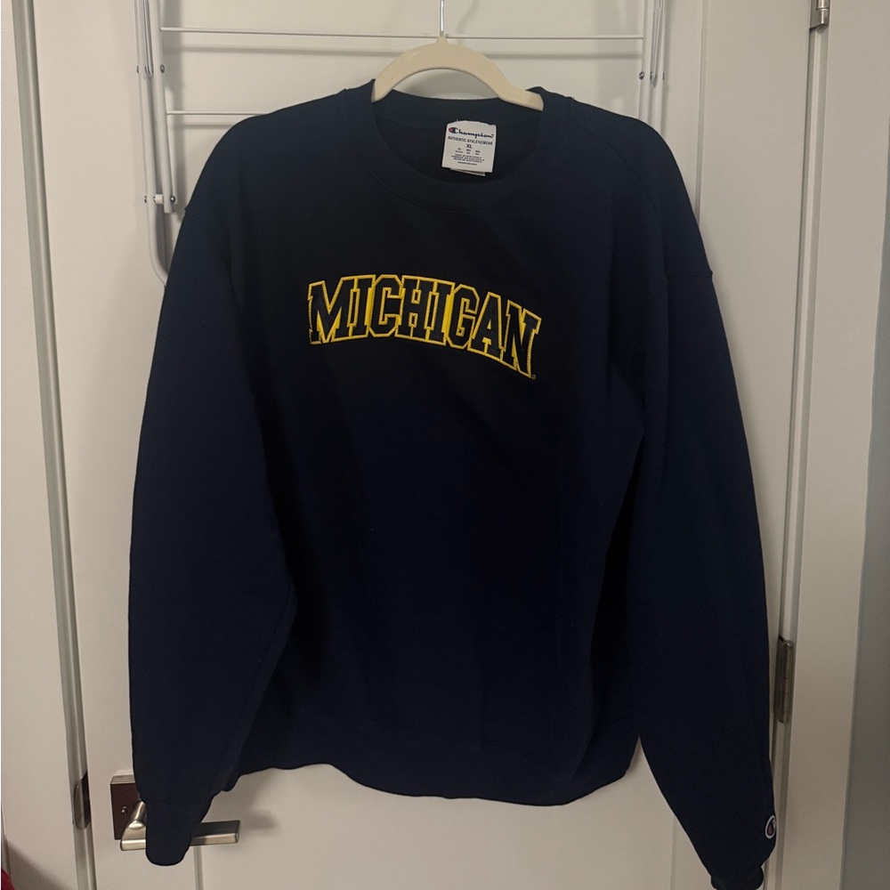 Champion Men's Crewneck Sweater in Navy with Michigan Logo